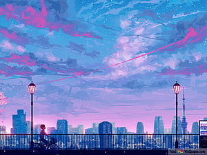 Anime Cityscape at Dusk with Tokyo Skytree and Cyclist Silhouette HD wallpaper