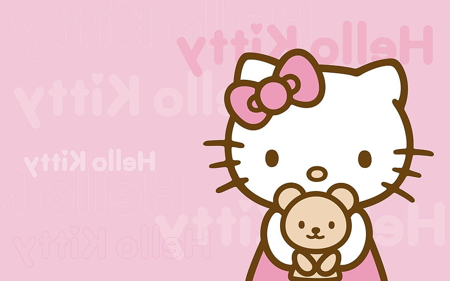 Cute Hello Kitty Holding Teddy Bear on Pink Background HD wallpaper