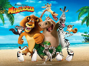 Madagascar Movie Cast on Tropical Beach with Lions, Zebra, and Penguins HD wallpaper