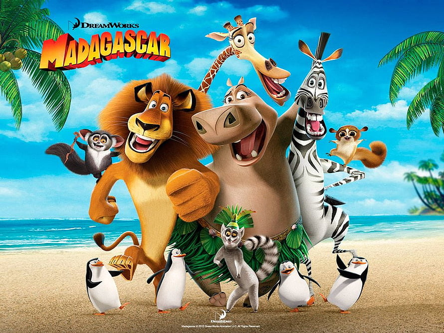 Madagascar Movie Cast on Tropical Beach with Lions, Zebra, and Penguins HD wallpaper