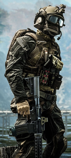 Tactical Soldier in Full Combat Gear Holding Rifle Near Water HD phone wallpaper