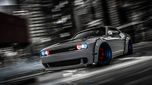 Silver Dodge Challenger SRT with Custom Blue and Red Wheels in Motion HD wallpaper