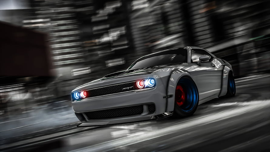 Silver Dodge Challenger SRT with Custom Blue and Red Wheels in Motion HD wallpaper