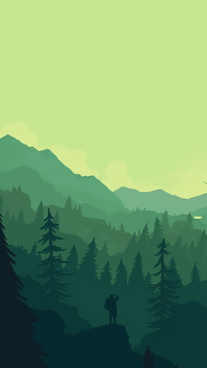 Firewatch Minimalist Illustration of a Hiker Silhouette in a Green Pine Forest and Mountain Valley HD phone wallpaper