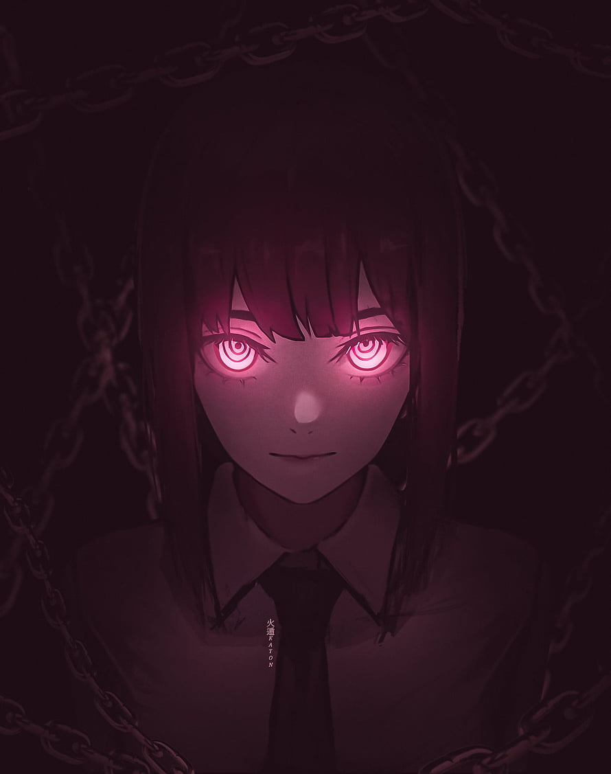 Makima from Chainsaw Man with glowing red spiral eyes and chains in dark anime style, Makima, chainsawman, anime, makima, anime, chainsawman HD phone wallpaper