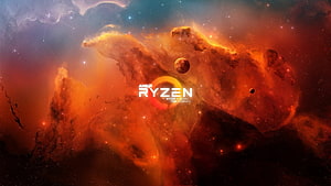 Amd Ryzen Logo On Fiery Orange Nebula Background With Planets And Stars HD wallpaper