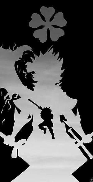 Silhouette of a warrior jumping between two large figures with swords and a clover symbol HD phone wallpaper