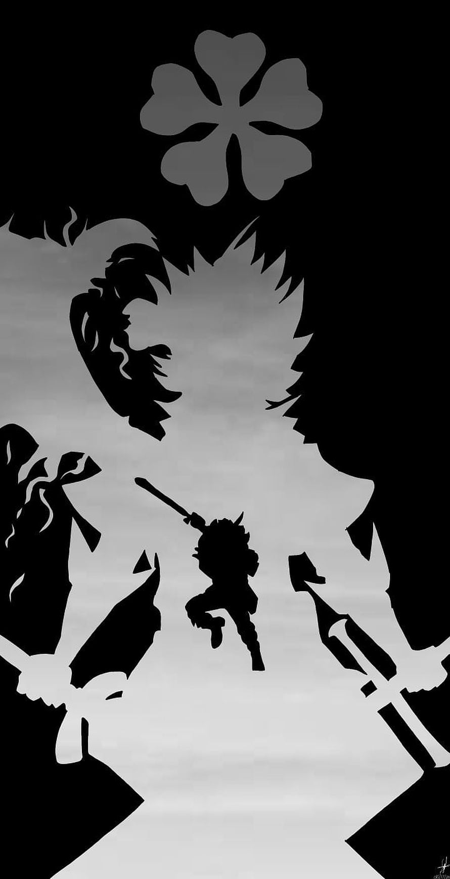 Silhouette of a warrior jumping between two large figures with swords and a clover symbol HD phone wallpaper