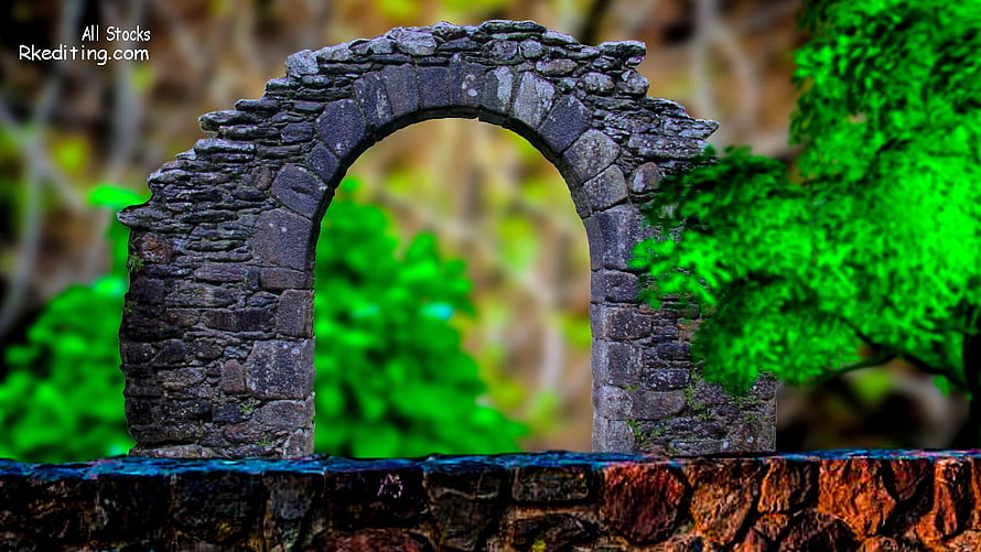 Ancient Stone Arch Ruin in Lush Green Forest Nature Background HD wallpaper