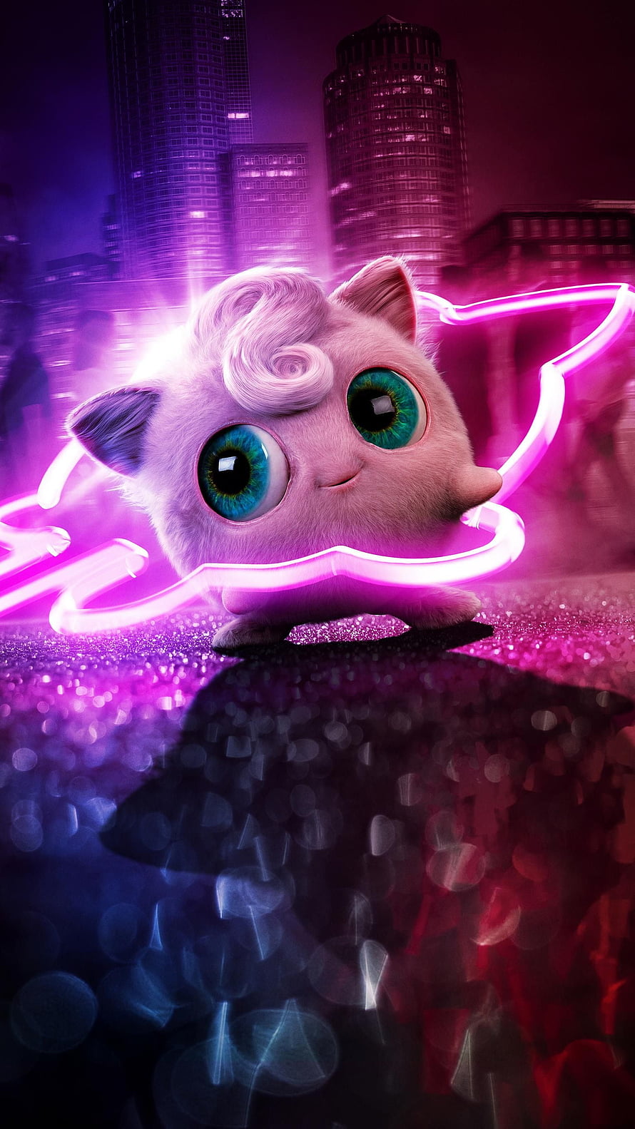 Jigglypuff Neon Glow Cityscape 3D Render Wallpaper HD phone wallpaper
