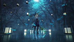 Anime character with glowing green sword standing in a mystical blue forest with floating lanterns HD wallpaper