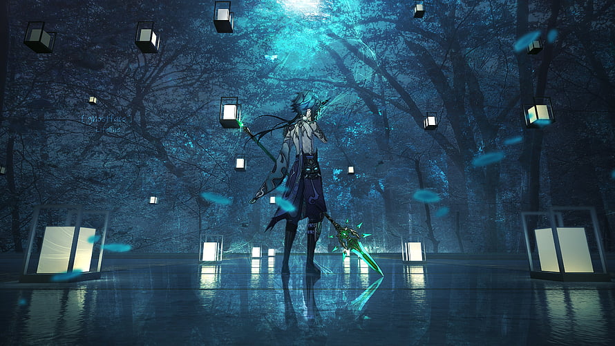 Anime character with glowing green sword standing in a mystical blue forest with floating lanterns HD wallpaper