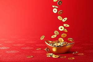 Golden Chinese Coins Falling Into Ingot on Red Background HD wallpaper