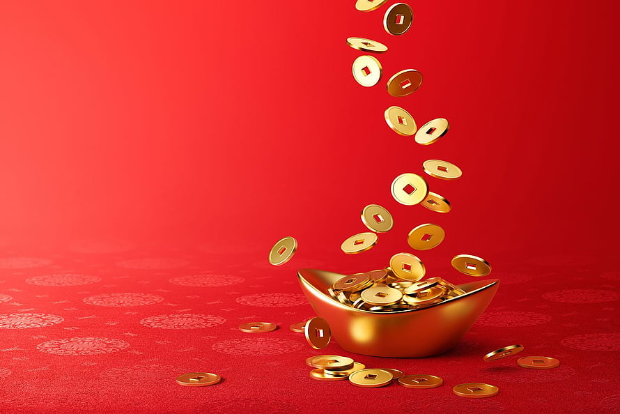 Golden Chinese Coins Falling Into Ingot on Red Background HD wallpaper