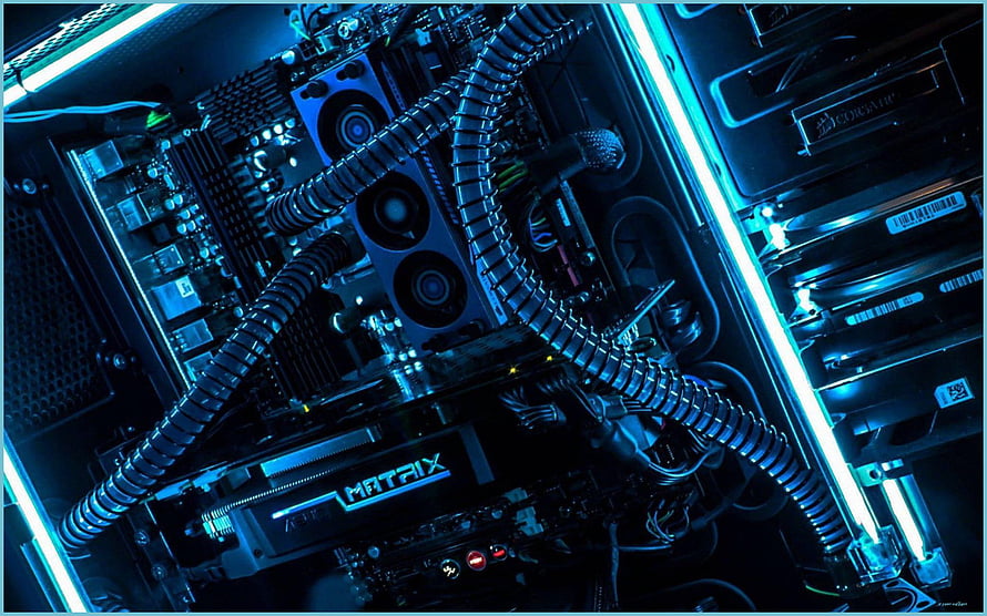 Custom Gaming PC Build with Blue LED Lighting and Water Cooling HD wallpaper