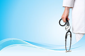 Doctor in White Coat Holding Stethoscope Against Blue Medical Background HD wallpaper