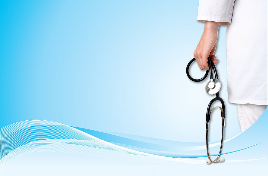 Doctor in White Coat Holding Stethoscope Against Blue Medical Background HD wallpaper