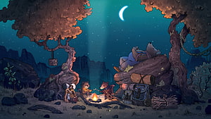 Cozy Night Camping Scene with Anthropomorphic Animals Around Campfire HD wallpaper