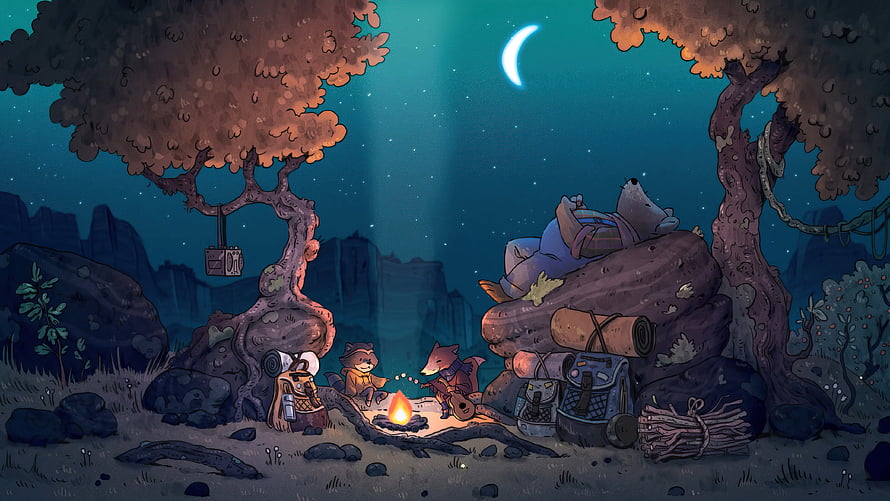 Cozy Night Camping Scene with Anthropomorphic Animals Around Campfire HD wallpaper