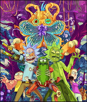 Rick and Morty Characters Confronting a Giant Alien Creature in a Vibrant Purple Forest HD phone wallpaper