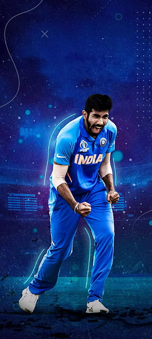 Jasprit Bumrah Celebrating in India Cricket Jersey with Neon Blue Background HD phone wallpaper