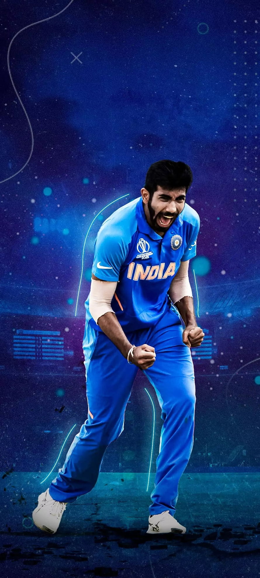 Jasprit Bumrah Celebrating in India Cricket Jersey with Neon Blue Background HD phone wallpaper