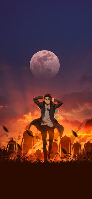 Levi Ackerman from Attack on Titan standing confidently with hands behind head against a fiery sunset and giant moon, attack on titan, livai, aot, yeager, eren, mikasa, shingekinokyojin, armin, sieg, attackontitan HD phone wallpaper