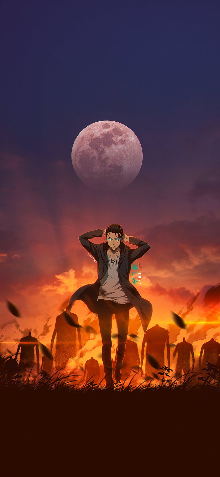 Levi Ackerman from Attack on Titan standing confidently with hands behind head against a fiery sunset and giant moon, attack on titan, livai, aot, yeager, eren, mikasa, shingekinokyojin, armin, sieg, attackontitan HD phone wallpaper