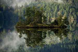 Misty Forest Island with Perfect Lake Reflection in a Serene Natural Landscape HD wallpaper