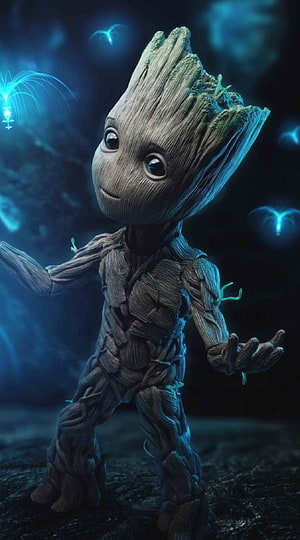 Baby Groot from Guardians of the Galaxy standing in a mystical blue forest with glowing lights HD phone wallpaper