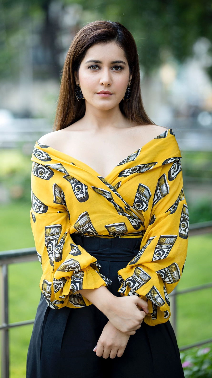 Rashi Khanna in a Yellow Off-Shoulder Printed Blouse and Black Trousers HD phone wallpaper