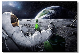 Astronaut Relaxing on the Lunar Surface with a Green Beer Bottle and Earth in the Background HD wallpaper