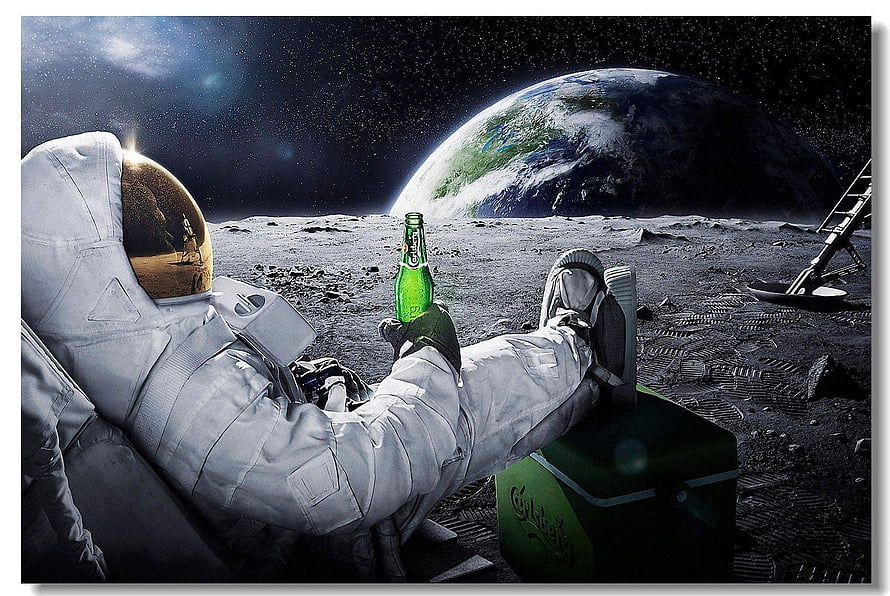 Astronaut Relaxing on the Lunar Surface with a Green Beer Bottle and Earth in the Background HD wallpaper