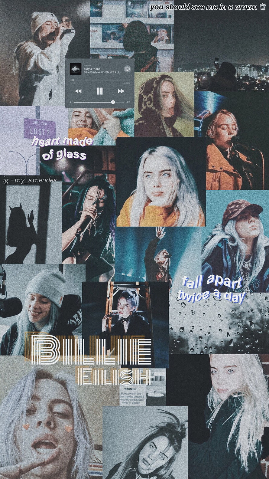 Billie Eilish Aesthetic Collage Wallpaper Featuring Song Titles and Vintage Photos HD phone wallpaper