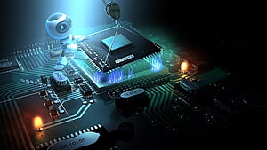 Futuristic Robot Engineer Working on Glowing CPU Processor Circuit Board HD wallpaper