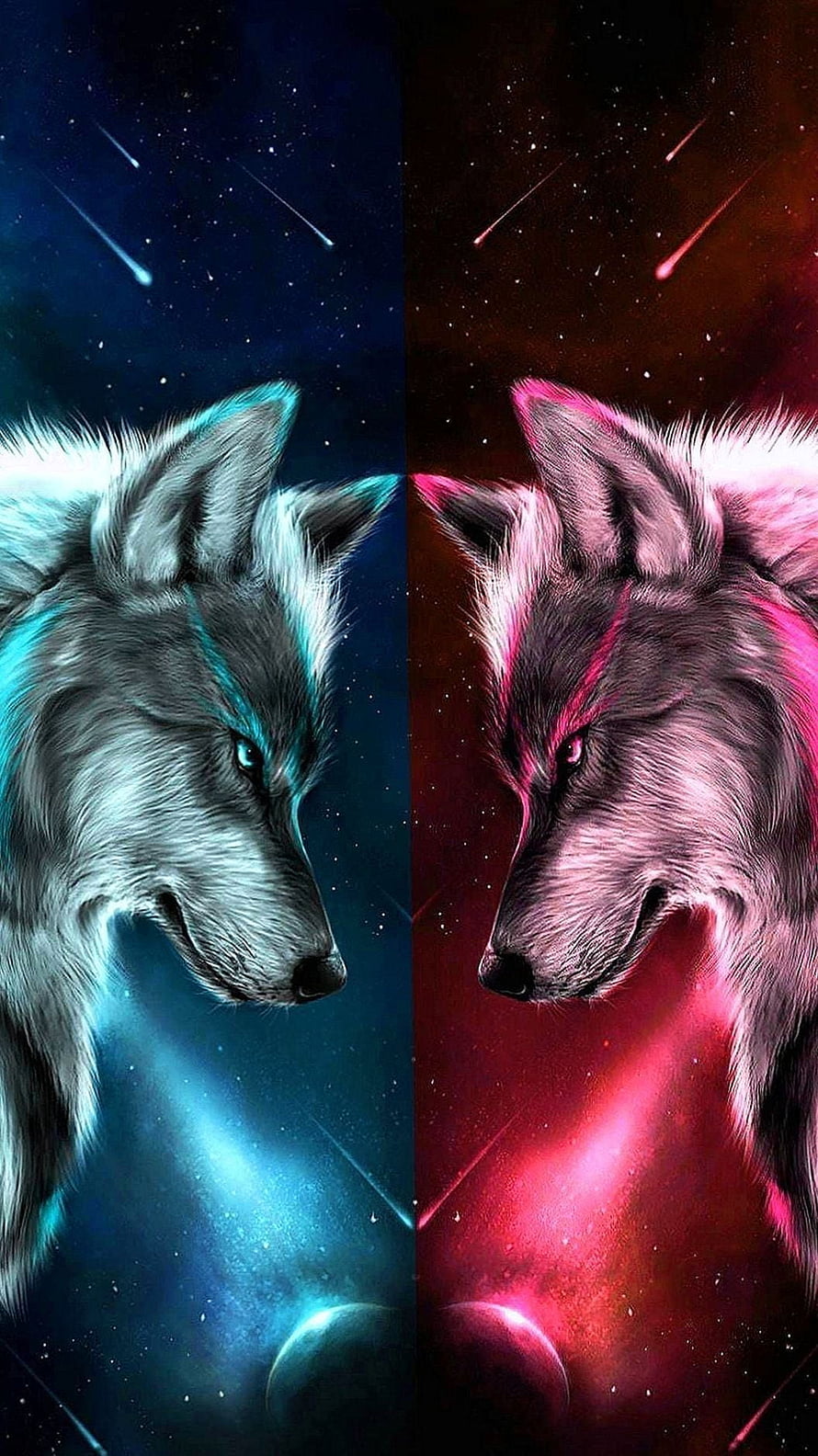 Dual Wolf Heads in Blue and Red Cosmic Space with Shooting Stars HD phone wallpaper