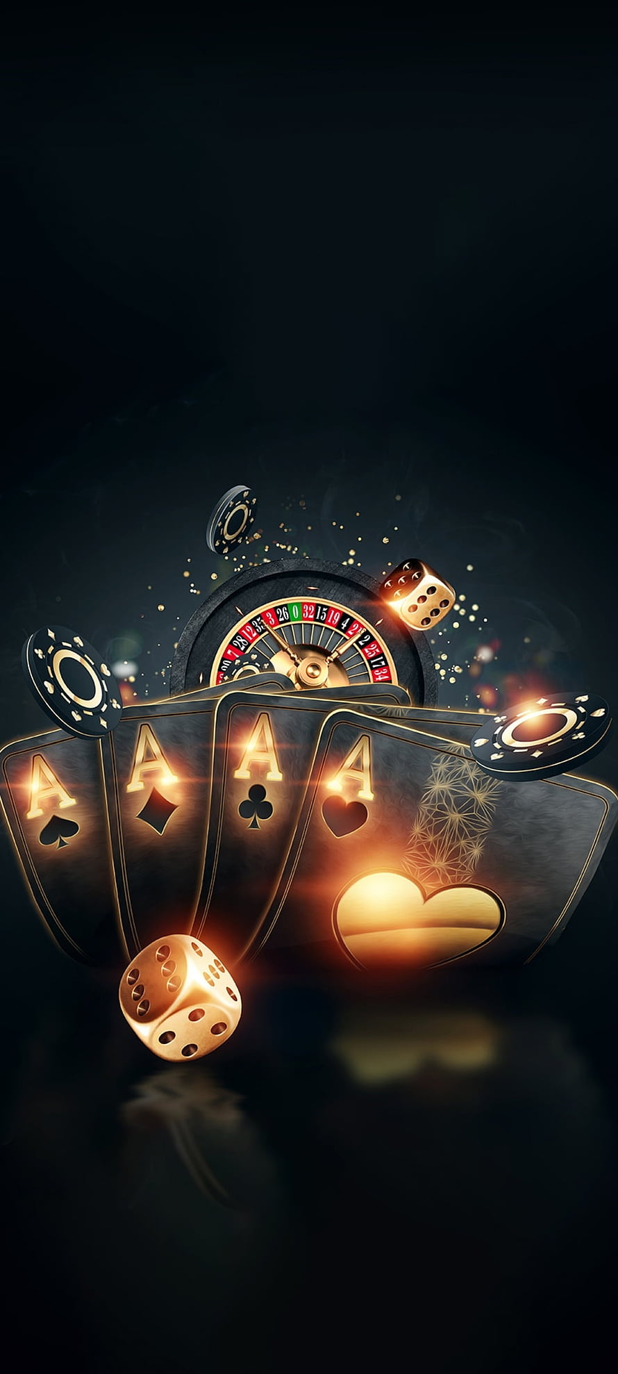 Luxury Casino Scene Featuring Four Aces, Golden Dice, and Roulette Wheel on Dark Background HD phone wallpaper