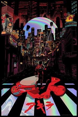 Akira Anime Poster Artwork Featuring Kaneda on Red Motorcycle in Neo-Tokyo Cityscape HD phone wallpaper