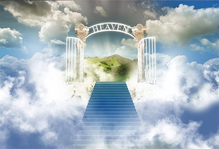 Staircase to Heaven with Ornate Gate and Clouds HD wallpaper