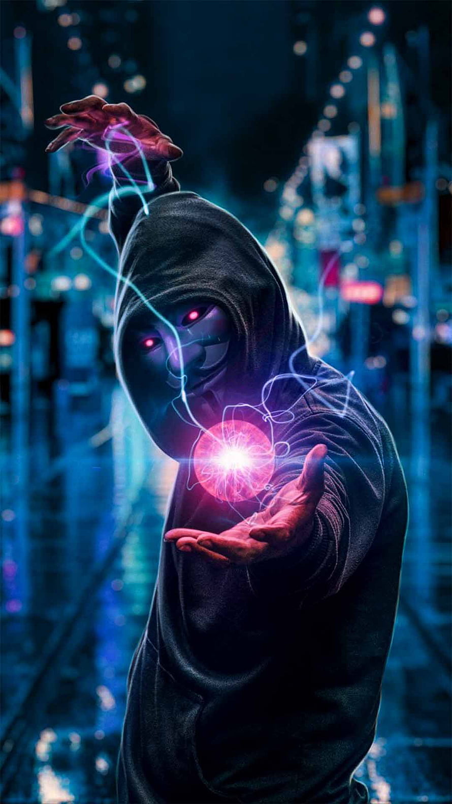 Hooded Figure Channeling Neon Energy in Cyberpunk Cityscape HD phone wallpaper