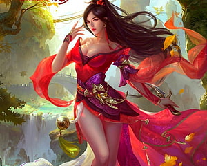 Elegant Asian Warrior Woman in Red and Purple Fantasy Costume, Fantasy Girl, fantasy, art, woman, beauty HD wallpaper