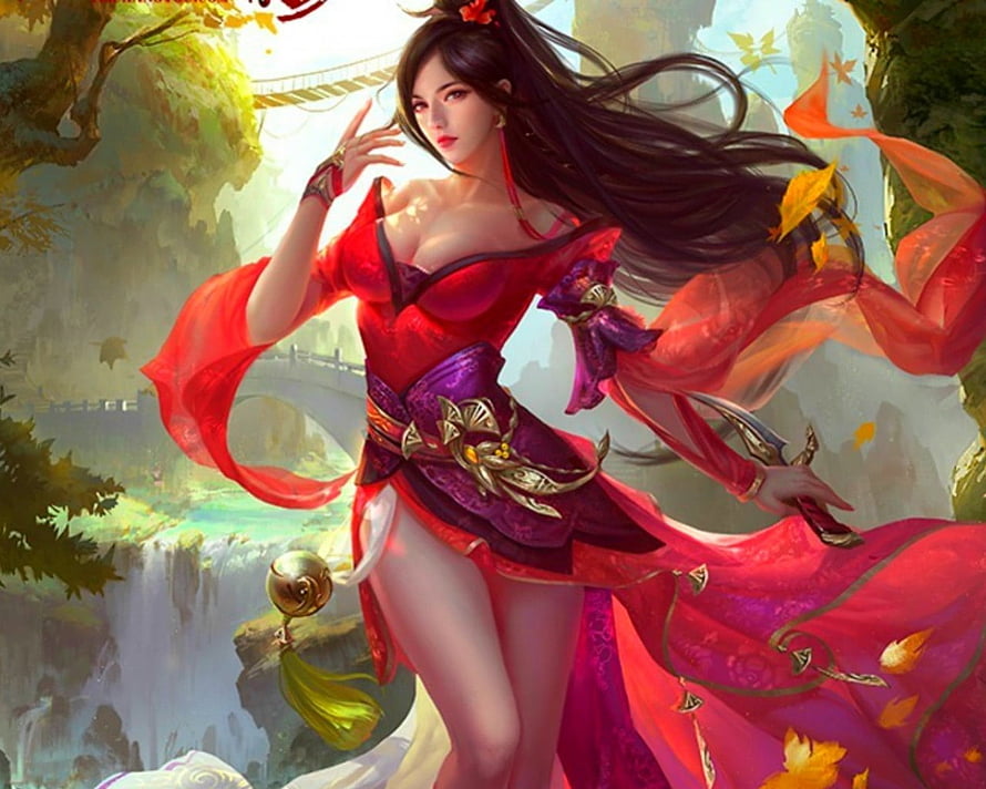 Elegant Asian Warrior Woman in Red and Purple Fantasy Costume, Fantasy Girl, fantasy, art, woman, beauty HD wallpaper
