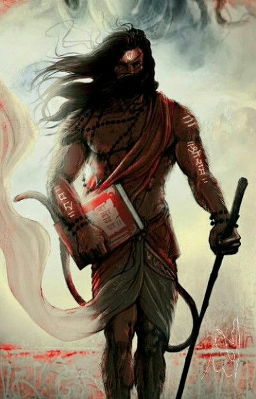 Mahakal Warrior Illustration with Staff and Sacred Text HD phone wallpaper