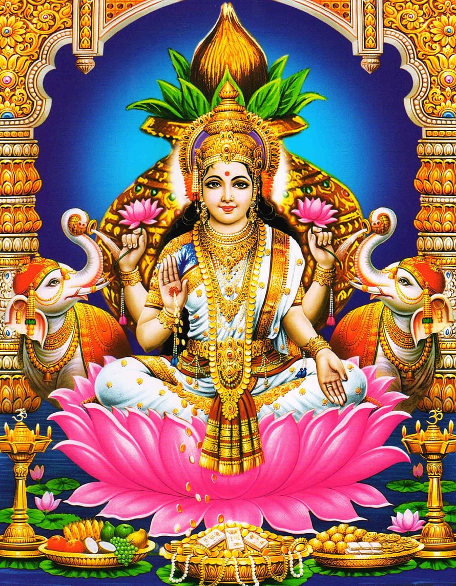 Goddess Lakshmi Sitting on Lotus with Elephants and Gold Coins HD phone wallpaper