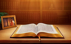 Open Holy Bible on Wooden Desk with Framed Jesus Painting and Bookshelves HD wallpaper