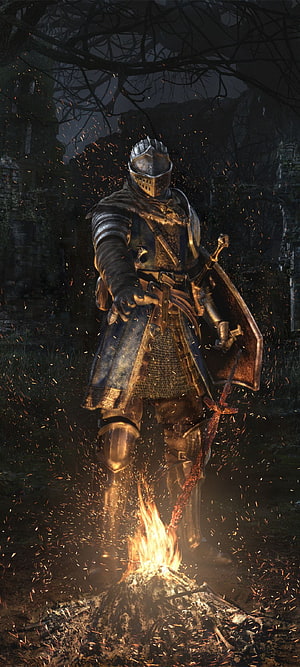 Dark Souls Knight Standing by Bonfire with Sparks and Medieval Armor HD phone wallpaper