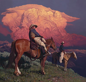 Two cowboys on horseback overlooking a dramatic sunset with massive orange clouds HD wallpaper