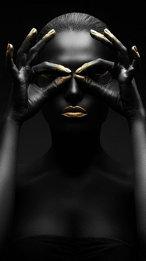 Black Woman with Gold Lips and Fingertips Covering Eyes in Dramatic Portrait, African Women Gold , Golden Woman HD phone wallpaper