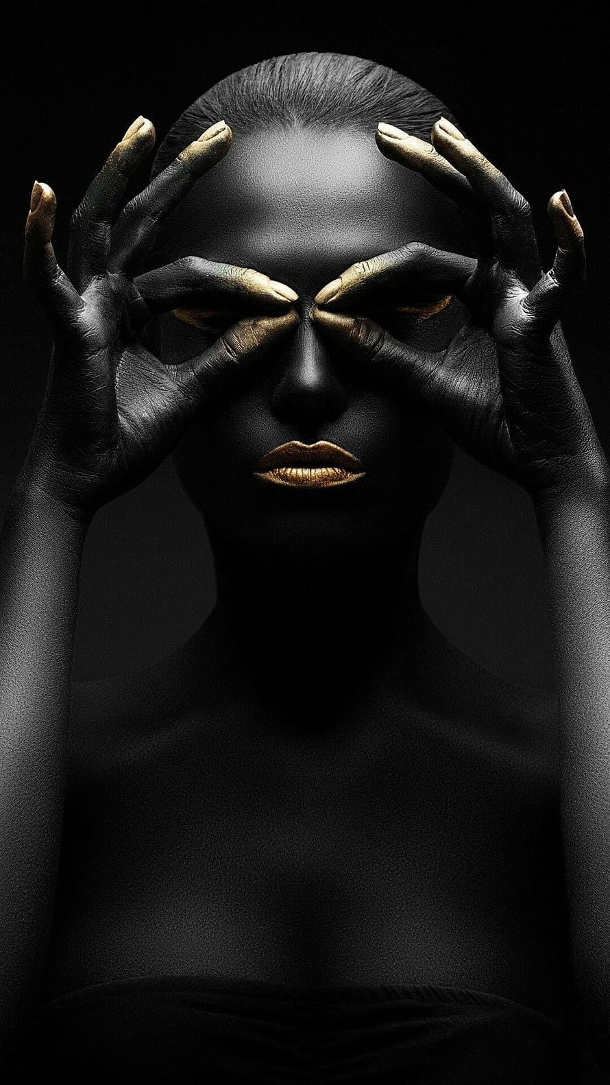 Black Woman with Gold Lips and Fingertips Covering Eyes in Dramatic Portrait, African Women Gold , Golden Woman HD phone wallpaper