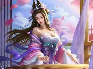 Elegant Fantasy Woman Playing Guqin Under Falling Cherry Blossoms, Beautiful Princess, digital, art, fantasy, asian, , girl, pastels, woman, pretty HD wallpaper